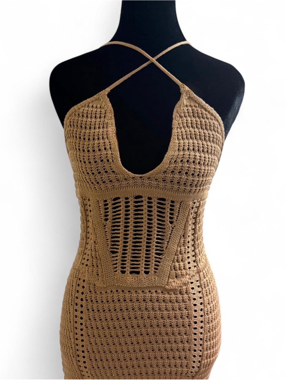 SHEIN Brown Crochet Halter Bodycon Dress